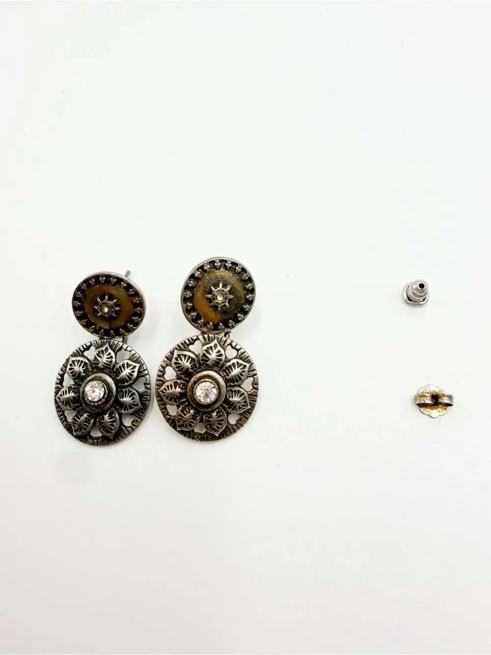 Vintage  Silver Tone Floral Rhinestone Drop Earrings